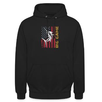 Springender Marlin mit US Flagge Hochseefischen - Unisex Hoodie - Schwarz - Vorne - Alina (178cm) & Michal (187cm)