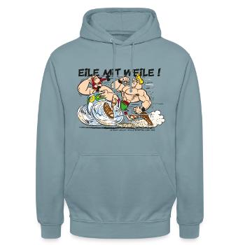 Obelix: Eile mit Weile! - Unisex Hoodie - Nebelblau - Vorne - Alina (178cm) & Michal (187cm)