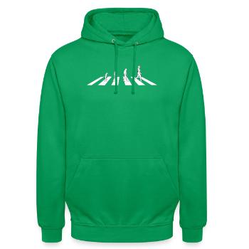 Die Evolution am Zebrastreifen - Abbey Road - Unisex Hoodie - Kelly Green - Vorne - AI Model Male 185 light (185cm) & AI Model Female 180 light (180cm)