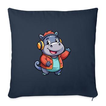 Hippo Funny Cartoon Character Musique de casque - Housse de coussin décorative 45 x 45 cm - bleu marine - Devant