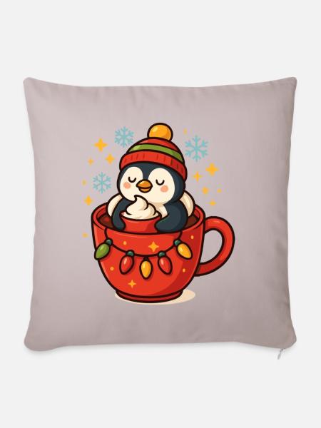Pinguin in Weihnachtstasse süß - Sofakissenbezug 45 x 45 cm - helles Taupe