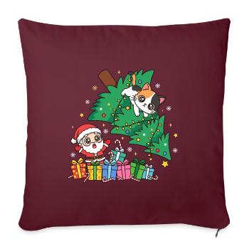 Weihnachtskatze zwischen Baum und Geschenken - Sofakissenbezug 45 x 45 cm - Burgunderrot - Vorne