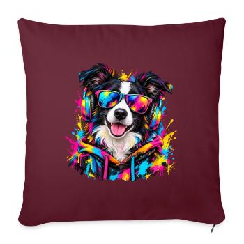 Border Collie mit Kopfhörern – Neon Graffiti - Sofakissenbezug 45 x 45 cm - Burgunderrot - Vorne
