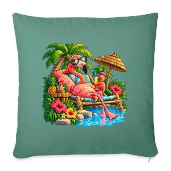 Flamingo im Tropenparadies – Sommer Relax - Sofakissenbezug 45 x 45 cm - Tanngrün - Vorne