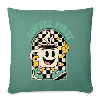 Kaffeetasse im Retrolook – Coffee First - Sofakissenbezug 45 x 45 cm - Tanngrün - Vorne