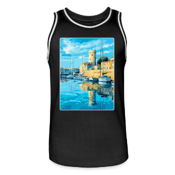 La Rochelle Frankreich Vintage Reiseplakat Souvenir - Männer Basketball-Trikot - Schwarz/Weiß - Vorne - AI Model Male 185 dark (185cm)