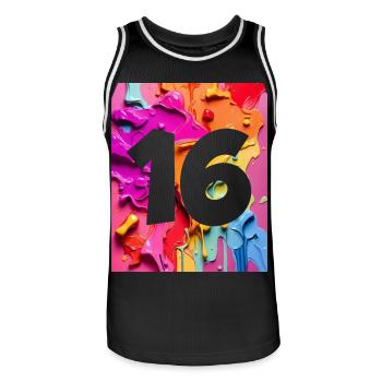 NR. 16 NUMMER 16 BUNT 16. GEBURTSTAG - Männer Basketball-Trikot - Schwarz/Weiß - Vorne - AI Model Male 185 dark (185cm)