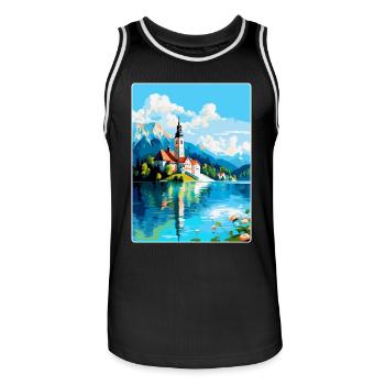 Lac de Bled, Slovénie, Affiche de voyage vintage, Souvenir - Maillot de basket Homme - noir/blanc - Devant - AI Model Male 185 dark (185cm)