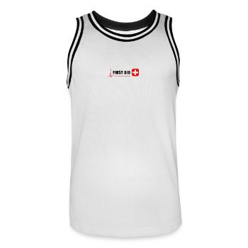 ERSTE HILFE - Männer Basketball-Trikot - Weiß/Schwarz - Vorne - AI Model Male 185 dark (185cm)