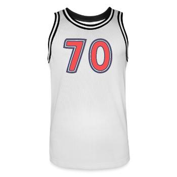 70. 70 JAHRE. 70-JÄHRIGES JUBILÄUM. 70-JÄHRIGES JUBILÄUM. - Männer Basketball-Trikot - Weiß/Schwarz - Vorne - AI Model Male 185 dark (185cm)