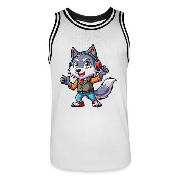 Wolf Lustige Zeichentrickfigur Kopfhörer Musik - Männer Basketball-Trikot - Weiß/Schwarz - Vorne - AI Model Male 185 dark (185cm)