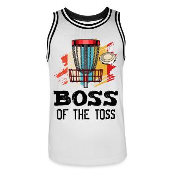 The Toss Discgolf Retro Frisbee Gift - Men's Basketball Jersey - white/black - Front - AI Model Male 185 dark (185cm)