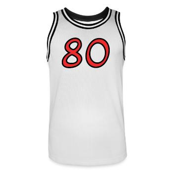 80. 80 JAHRE. 80-JÄHRIGES JUBILÄUM. 80. GEBURTSTAG. - Männer Basketball-Trikot - Weiß/Schwarz - Vorne - AI Model Male 185 dark (185cm)