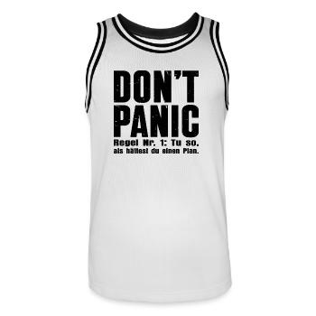 "DON'T PANIC" – The cult shirt - Men's Basketball Jersey - white/black - Front - AI Model Male 185 dark (185cm)