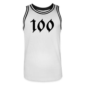 100. 100 YEARS. 100th ANNIVERSARY. BIRTHDAY 100 - Men's Basketball Jersey - white/black - Front - AI Model Male 185 dark (185cm)