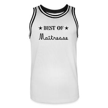 MISTRESS. THANK YOU. THANK YOU MISTRESS. GIFT - Men's Basketball Jersey - white/black - Front - AI Model Male 185 dark (185cm)