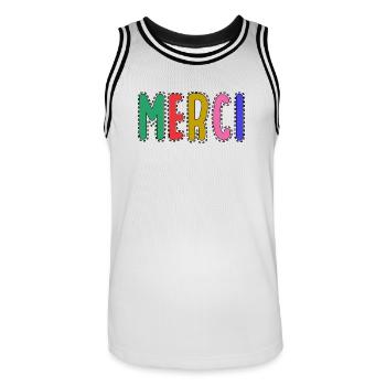 THANK YOU. MISTRESS. MASTER. THANK YOU MISTRESS - Men's Basketball Jersey - white/black - Front - AI Model Male 185 dark (185cm)