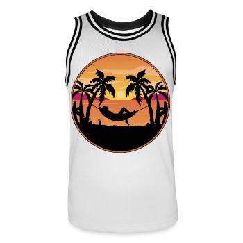Coucher de soleil au bord de la mer - Palmiers avec hamac - Maillot de basket Homme - blanc/noir - Devant - AI Model Male 185 dark (185cm)