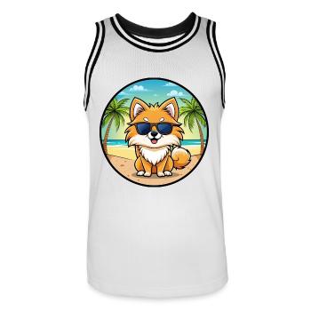 Pommerscher Deutscher Spitz Hunderasse Cartoon Beach - Männer Basketball-Trikot - Weiß/Schwarz - Vorne - AI Model Male 185 dark (185cm)