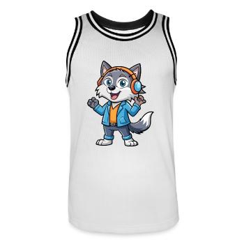Wolf Lustige Zeichentrickfigur Kopfhörer Musik - Männer Basketball-Trikot - Weiß/Schwarz - Vorne - AI Model Male 185 dark (185cm)
