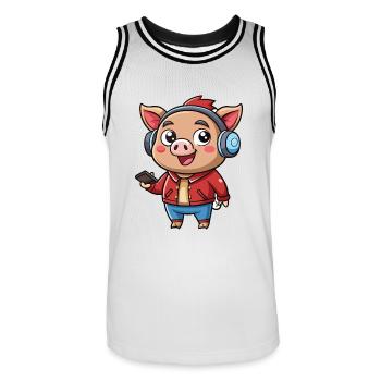 Cochon Drôle Dessin Animé Personnage Casque Musique - Maillot de basket Homme - blanc/noir - Devant - AI Model Male 185 dark (185cm)