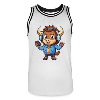 Buffalo Lustige Cartoon Figur Kopfhörer Musik - Männer Basketball-Trikot - Weiß/Schwarz - Vorne - AI Model Male 185 dark (185cm)