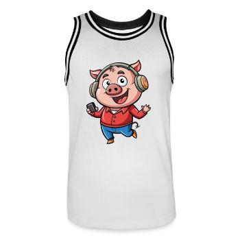 Cochon Drôle Dessin Animé Personnage Casque Musique - Maillot de basket Homme - blanc/noir - Devant - AI Model Male 185 dark (185cm)