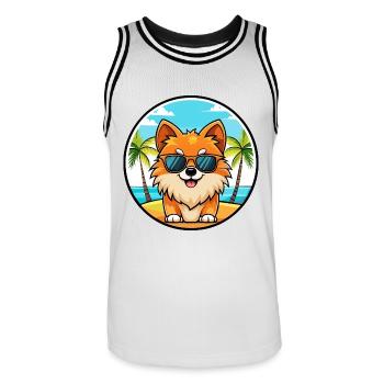 Pommerscher Deutscher Spitz Hunderasse Cartoon Beach - Männer Basketball-Trikot - Weiß/Schwarz - Vorne - AI Model Male 185 dark (185cm)