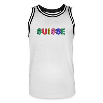 SUISSE. PAYS. GENEVE. HUMOUR. DRAPEAU. GENEVE - Maillot de basket Homme - blanc/noir - Devant - AI Model Male 185 dark (185cm)