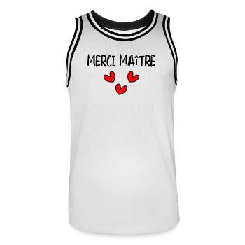 MASTER. MASTER. THANK YOU. THANK YOU, MASTER. MASTER - Men's Basketball Jersey - white/black - Front - AI Model Male 185 dark (185cm)
