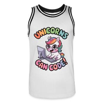 Unicorns Can Code! - Men's Basketball Jersey - white/black - Front - AI Model Male 185 dark (185cm)