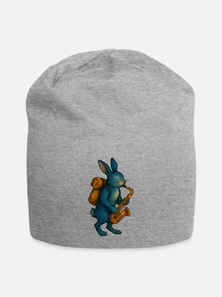 Blaues Kaninchen mit Saxophon - Jersey-Beanie - Grau meliert