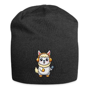 Alpaka Lustige Zeichentrickfigur Kopfhörer Musik - Jersey-Beanie - Anthrazit - Vorne