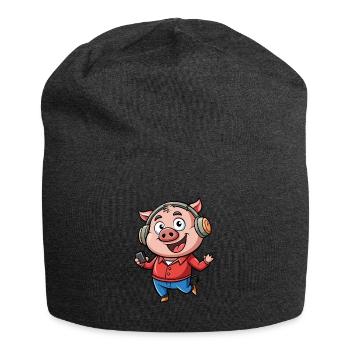 Schwein Lustige Zeichentrickfigur Kopfhörer Musik - Jersey-Beanie - Anthrazit - Vorne