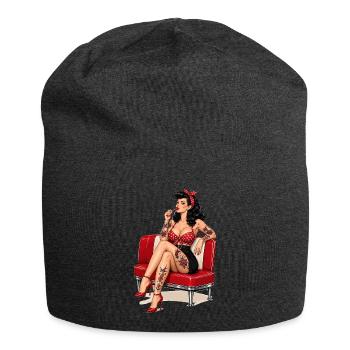 Rockabilly Pin-Up Girl mit Lolly und Tattoos - Jersey-Beanie - Anthrazit - Vorne