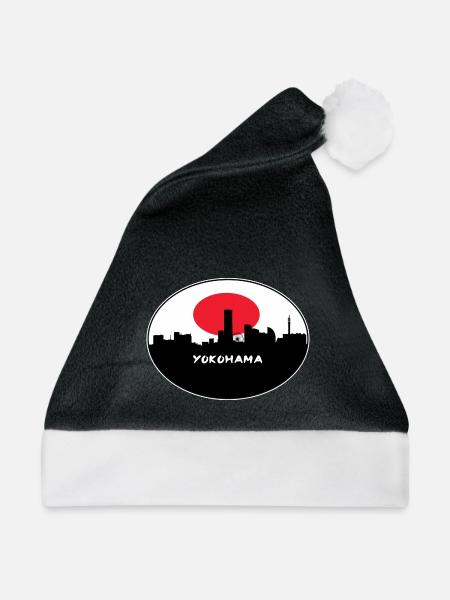 Yokohama-Japan-Flaggen-Skyline-Schattenbild-Reise - Weihnachtsmütze - Schwarz/Weiß - Vorne