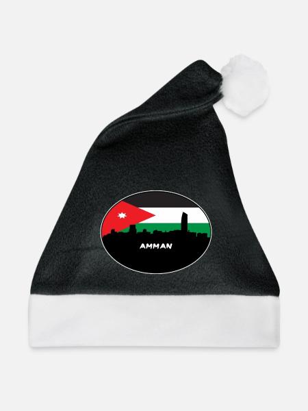 Amman, Jordanien, Flagge, Skyline, Silhouette, Reisen - Weihnachtsmütze - Schwarz/Weiß - Vorne