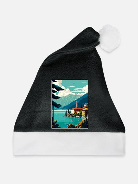 Comer See Italien Dekoration Vintage Reiseposter - Weihnachtsmütze - Schwarz/Weiß - Vorne