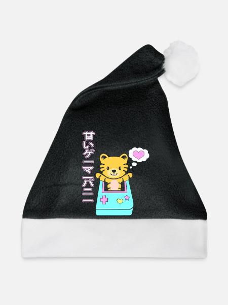 Kawai Gamer Kätzchen Kawaii Gaming Cat Ästhetische - Weihnachtsmütze - Schwarz/Weiß - Vorne