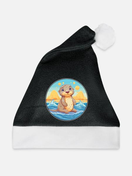 Otter Aquarell Cartoon Kawaii Clipart Tier - Weihnachtsmütze - Schwarz/Weiß - Vorne