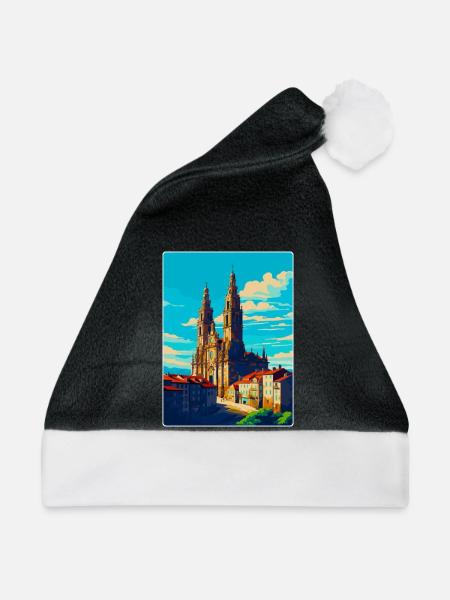 Santiago De Compostela Spanien Vintage Reiseposter - Weihnachtsmütze - Schwarz/Weiß - Vorne
