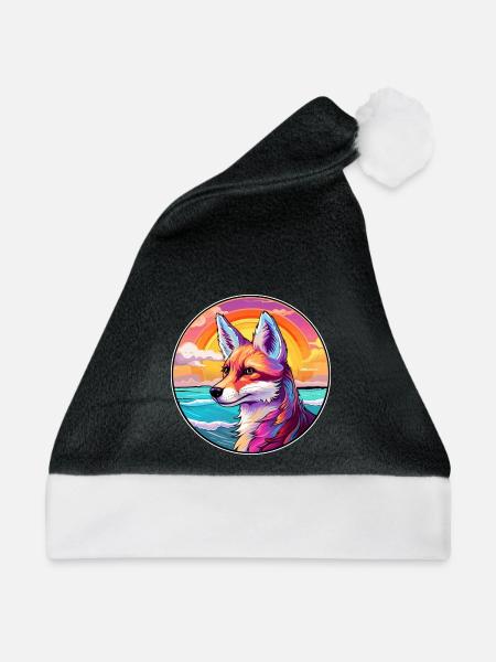 Fuchs buntes Aquarell Cartoon Kawaii Tier - Weihnachtsmütze - Schwarz/Weiß - Vorne