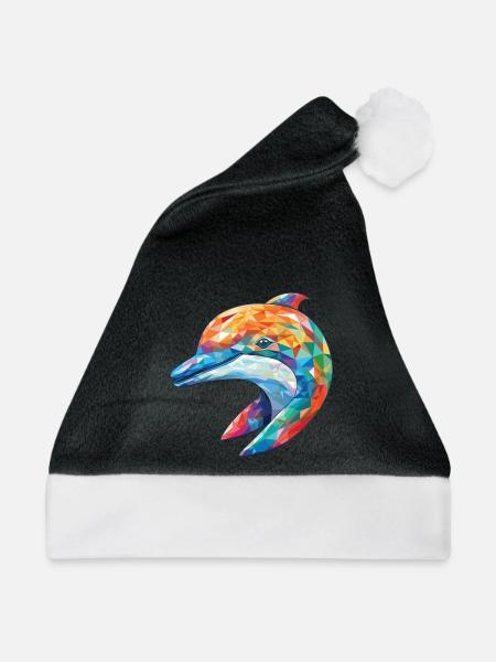 Delphin Bunte Aquarell-Tierillustration - Weihnachtsmütze - Schwarz/Weiß