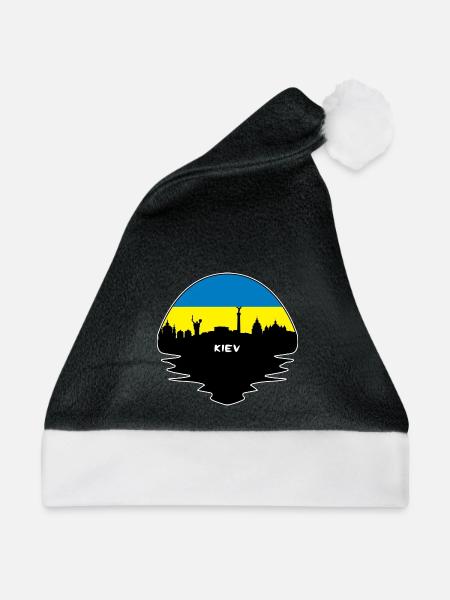 Kiew-Ukraine-Flaggen-Skyline-Schattenbild-Reise - Weihnachtsmütze - Schwarz/Weiß - Vorne