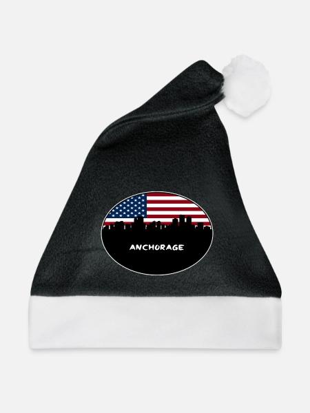 Anchorage Alaska USA Flagge Skyline Reise Souvenir - Weihnachtsmütze - Schwarz/Weiß - Vorne