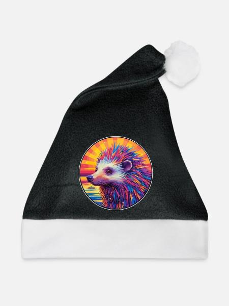 Stachelschwein bunte Aquarell-Karikatur Kawaii Haustier - Weihnachtsmütze - Schwarz/Weiß - Vorne