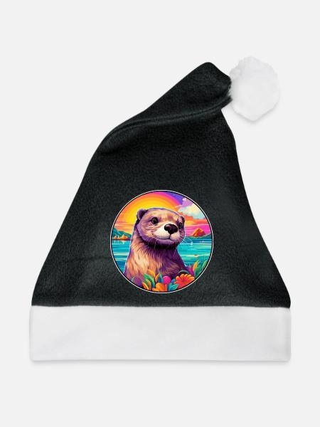 Otter buntes Aquarell Karikatur Kawaii Tier - Weihnachtsmütze - Schwarz/Weiß - Vorne