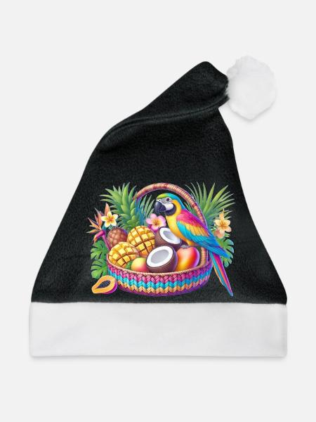 Obstkorb mit Papagei - Weihnachtsmütze - Schwarz/Weiß