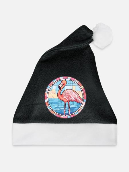 Flamingo Bunte Aquarell-Tierillustration - Weihnachtsmütze - Schwarz/Weiß