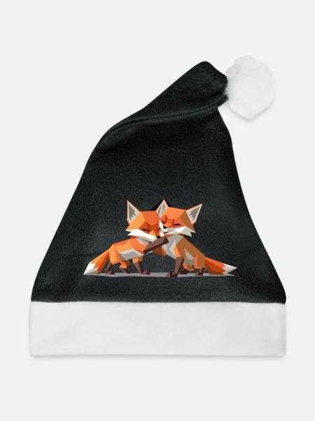 Low-poly Fox Cubs - Weihnachtsmütze - Schwarz/Weiß
